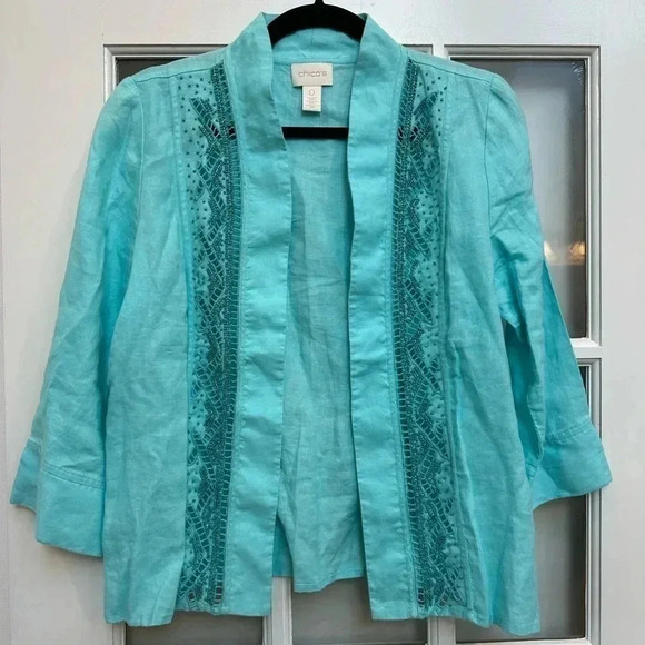 Chico's Aqua Breeze Beaded Linen Turquoise Open Jacket Cardigan Coastal Size 0 S - Picture 1 of 13